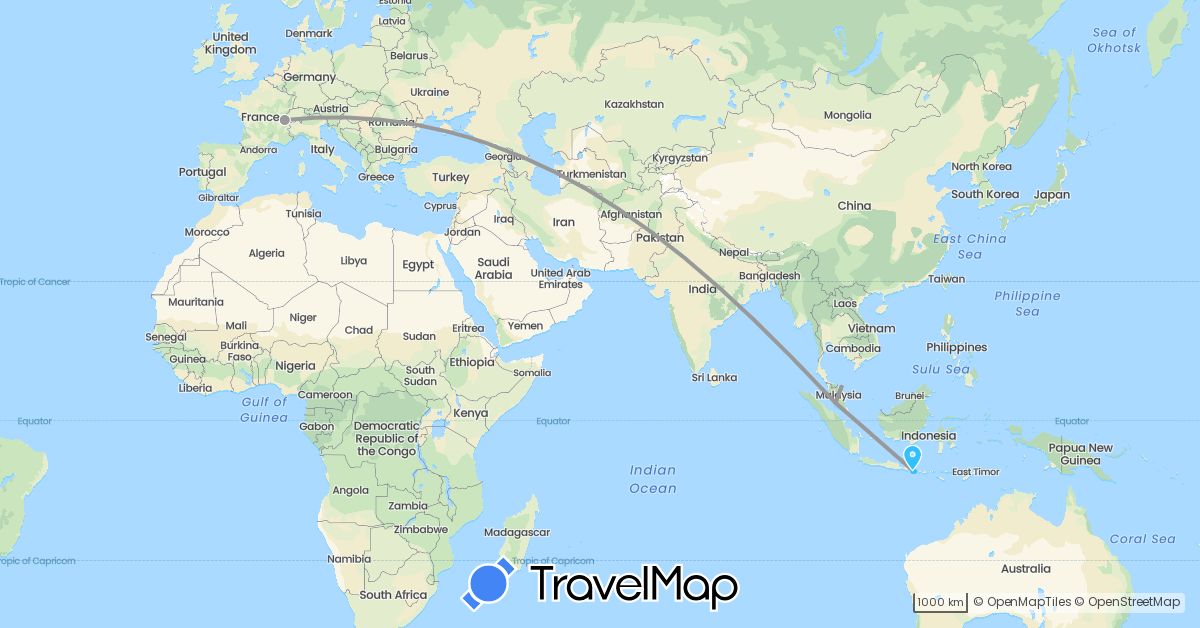 TravelMap itinerary: driving, plane, boat in Switzerland, Indonesia, Malaysia (Asia, Europe)